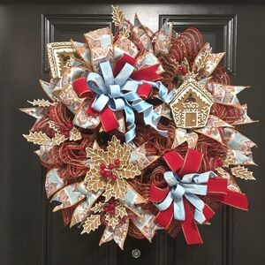 Festive Gingerbread House And Ponsettia Holiday Door Wreath